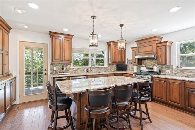 kitchen with decorative backsplash, range hood, a breakfast bar area, and appliances with stainless steel finishes