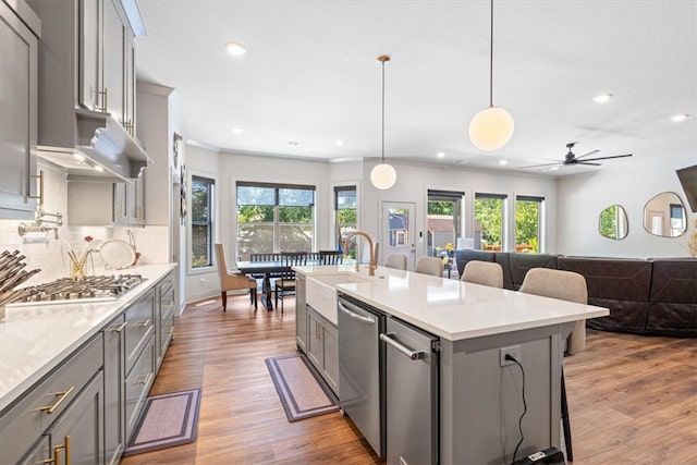 kitchen featuring gray cabinets, light hardwood / wood-style flooring, plenty of natural light, and a center island with sink