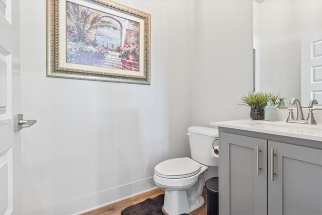 bathroom with toilet, vanity, and wood-type flooring