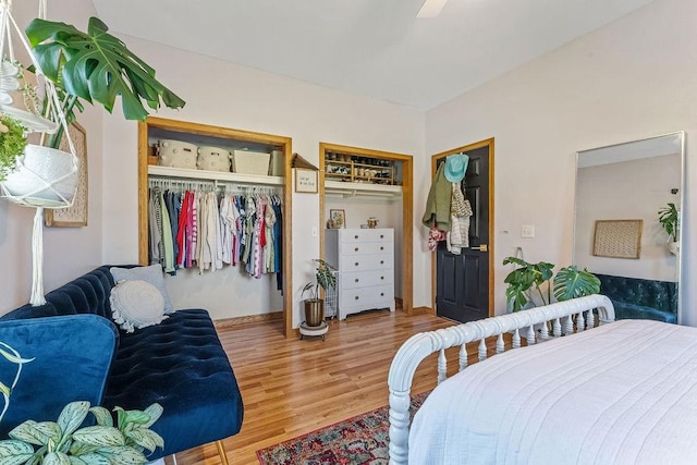 bedroom featuring ceiling fan, hardwood / wood-style floors, and two closets