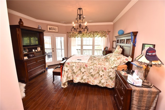 bedroom featuring french doors, access to exterior, dark wood-type flooring, and ornamental molding