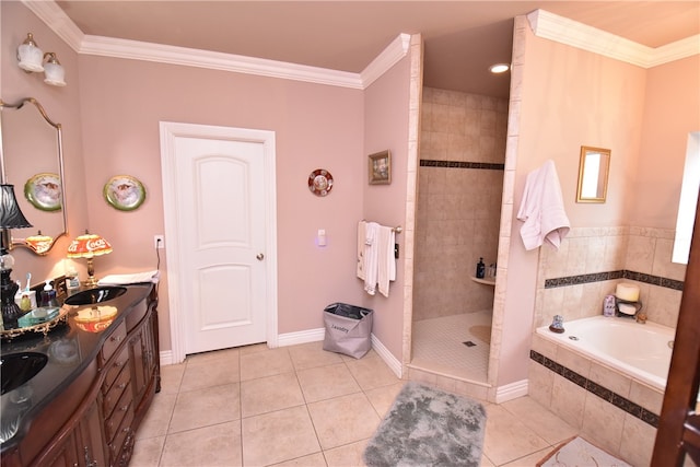 bathroom with ornamental molding, vanity, and shower with separate bathtub