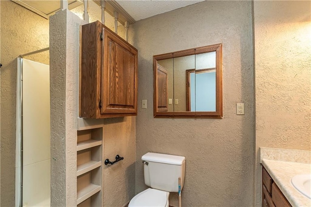 bathroom with toilet, a textured wall, and vanity