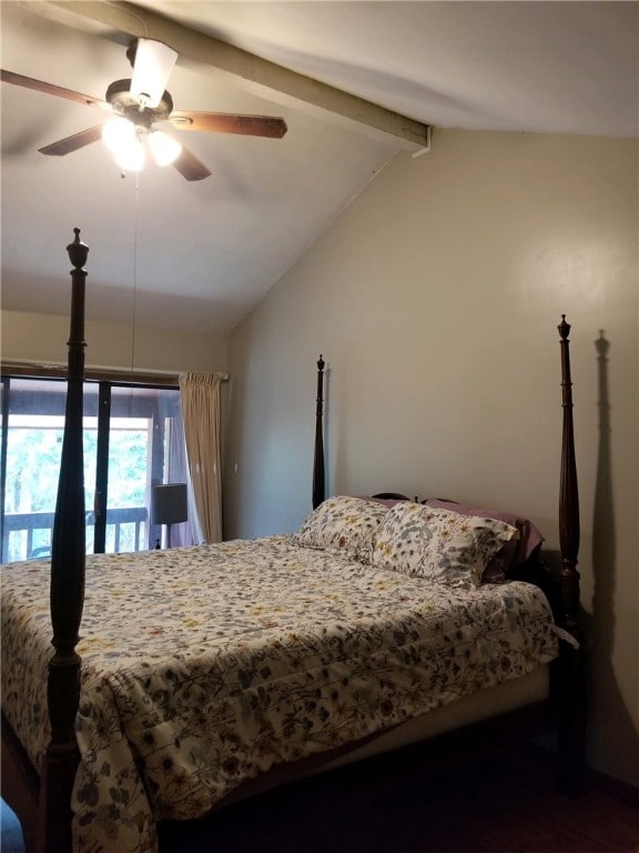 bedroom featuring vaulted ceiling with beams, a ceiling fan, and attic access