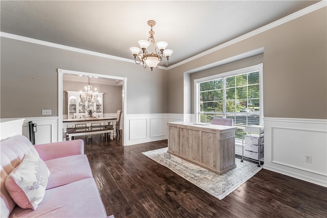 office with an inviting chandelier, crown molding, dark wood-style flooring, and wainscoting