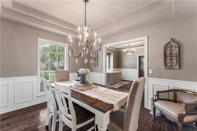 dining space featuring a raised ceiling, dark wood-type flooring, a chandelier, and wainscoting