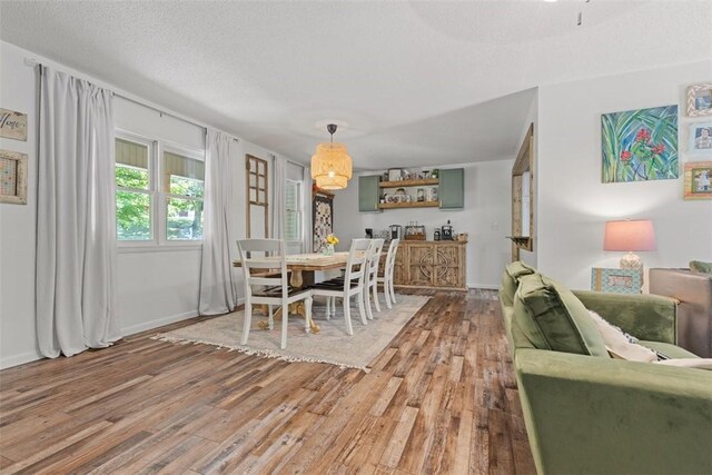 dining room featuring hardwood / wood-style flooring and a textured ceiling