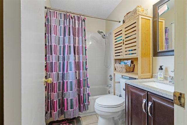 full bathroom featuring vanity, shower / bathtub combination with curtain, tile patterned flooring, a textured ceiling, and toilet