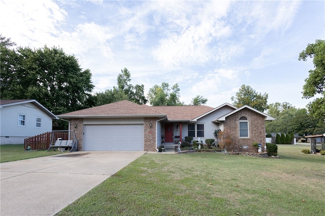 ranch-style home featuring a front lawn and a garage