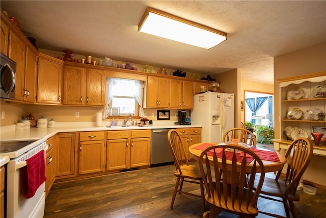 kitchen featuring sink, stainless steel appliances, dark wood-type flooring, and a textured ceiling