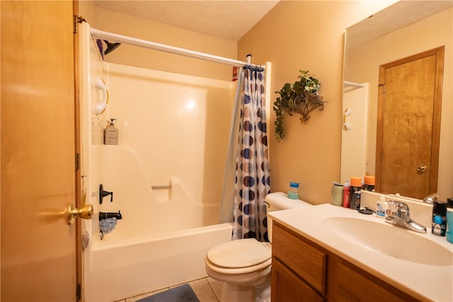 full bathroom featuring toilet, a textured ceiling, tile patterned flooring, vanity, and shower / tub combo