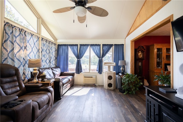 living room with ceiling fan, an AC wall unit, vaulted ceiling, and wood-type flooring