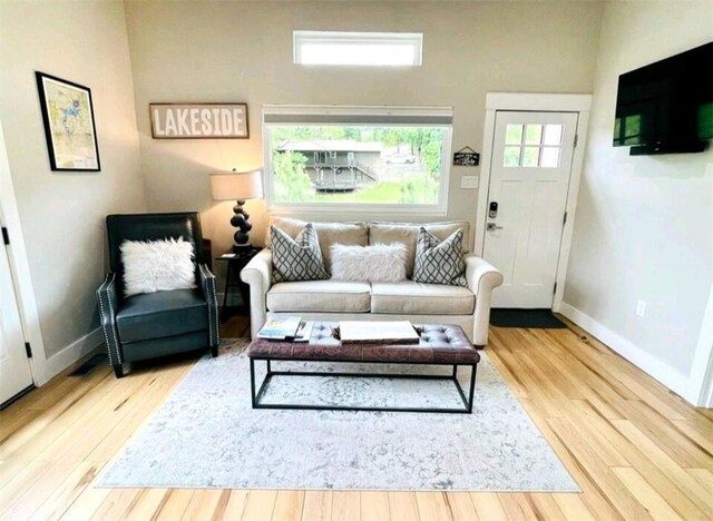 living area featuring baseboards and wood finished floors