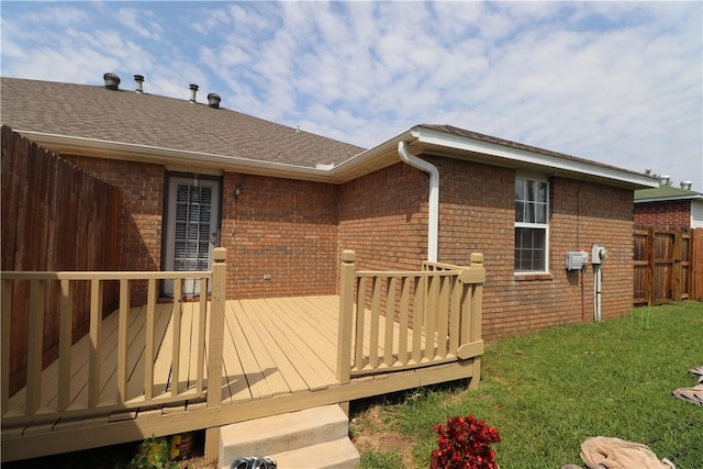 wooden deck featuring fence and a lawn