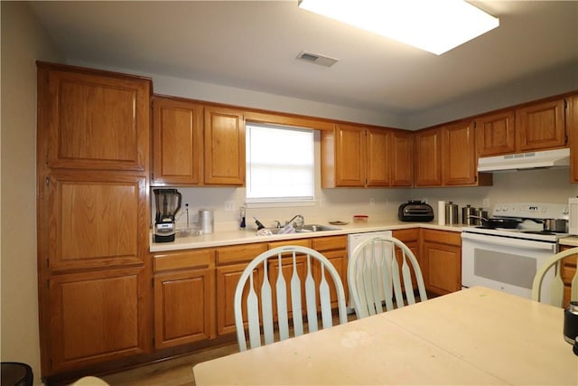 kitchen featuring electric range, visible vents, dishwashing machine, under cabinet range hood, and a sink