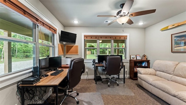 carpeted office with recessed lighting, visible vents, ceiling fan, and baseboards