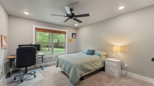 bedroom with carpet floors, recessed lighting, and baseboards