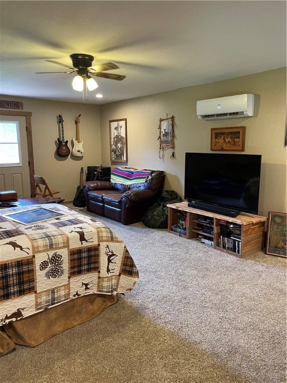 carpeted bedroom featuring ceiling fan and an AC wall unit