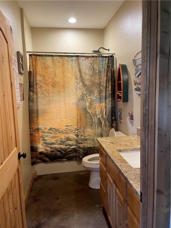 full bathroom with concrete flooring, shower / bath combo, toilet, and vanity