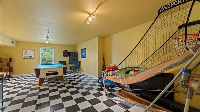 rec room featuring pool table and dark tile patterned flooring