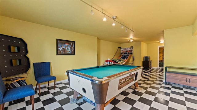 playroom featuring billiards, dark tile patterned floors, and track lighting