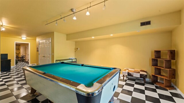 recreation room with tile patterned flooring, pool table, and track lighting