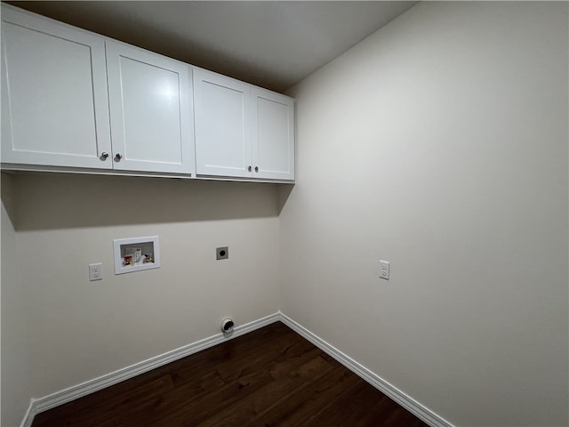 washroom with cabinets, hookup for an electric dryer, dark hardwood / wood-style flooring, and washer hookup