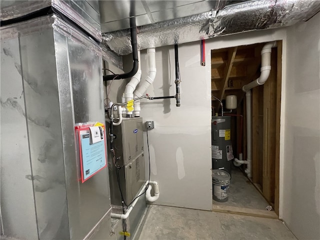 utility room with electric water heater and heating unit