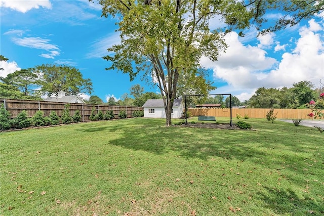 view of yard with an outbuilding and a fenced backyard