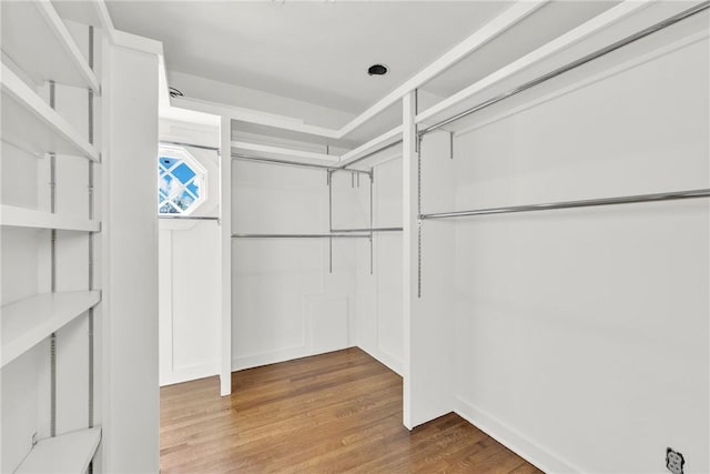 walk in closet with wood finished floors