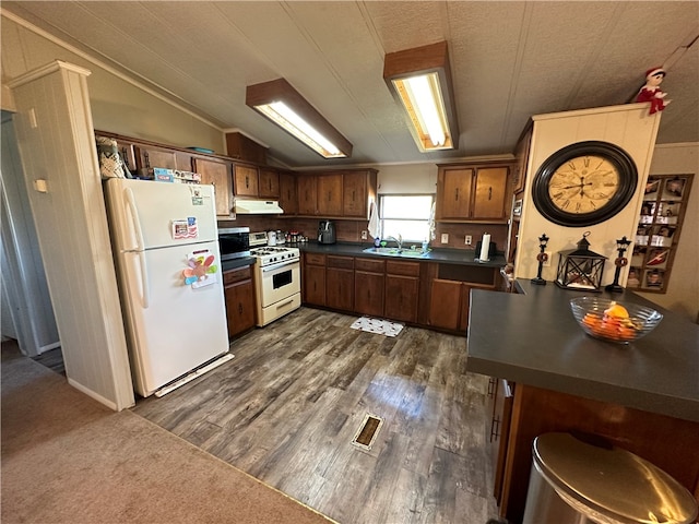 kitchen featuring lofted ceiling, dark carpet, sink, and white appliances