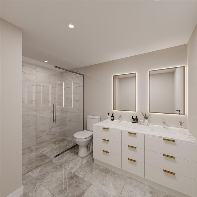 200 NW 9th St, Bentonville, AR 72712 - bathroom with double vanity, toilet, a marble finish shower, marble finish floor, and recessed lighting