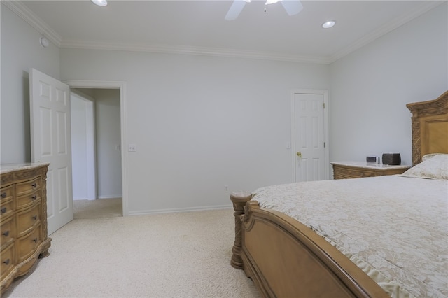 bedroom with light carpet, ceiling fan, and crown molding