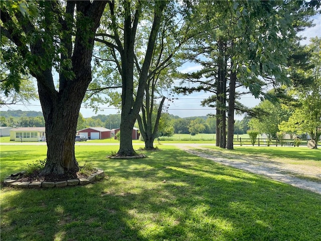 view of property's community with fence and a lawn