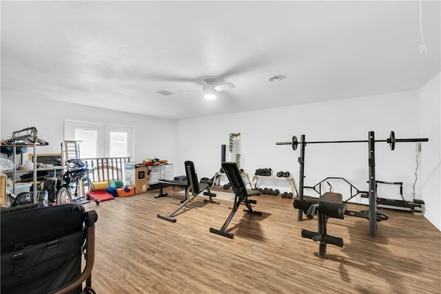 exercise area featuring ceiling fan and hardwood / wood-style flooring