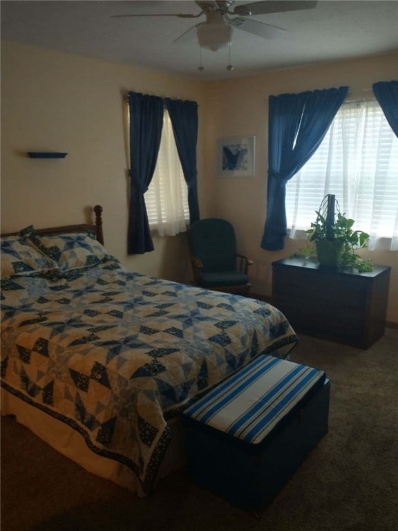 bedroom with ceiling fan and carpet floors