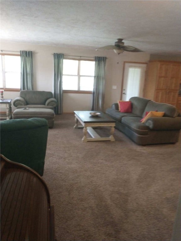 living room featuring a textured ceiling, a wealth of natural light, ceiling fan, and carpet floors