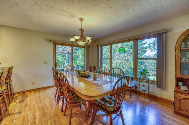 dining room featuring a textured ceiling, a healthy amount of sunlight, light hardwood / wood-style floors, and an inviting chandelier