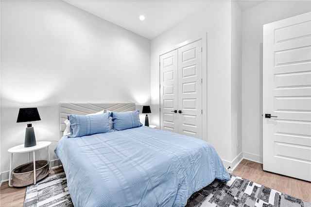 bedroom featuring wood-type flooring and a closet