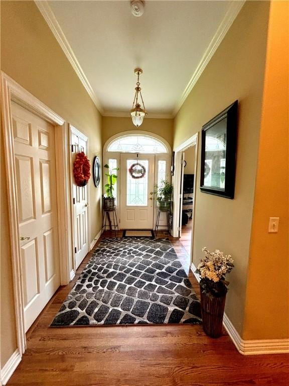 entrance foyer with baseboards, dark wood finished floors, and crown molding