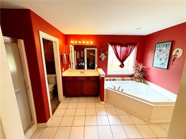 full bath with a shower stall, a jetted tub, toilet, and vanity