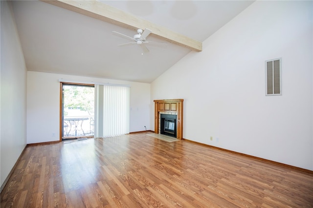 unfurnished living room with ceiling fan, hardwood / wood-style floors, beamed ceiling, and high vaulted ceiling