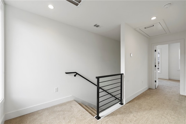 staircase featuring carpet