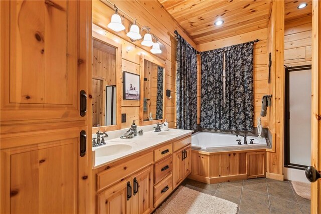 bathroom with wooden ceiling, vanity, plus walk in shower, and tile patterned floors