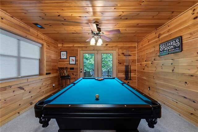 playroom with billiards, wood walls, ceiling fan, carpet flooring, and wood ceiling