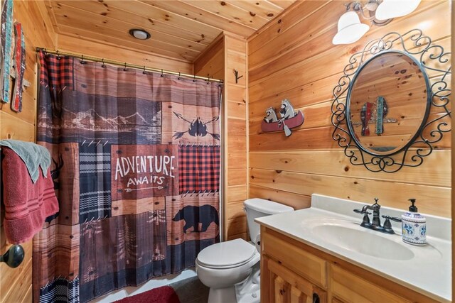 bathroom with wooden walls, wooden ceiling, toilet, a shower with curtain, and vanity