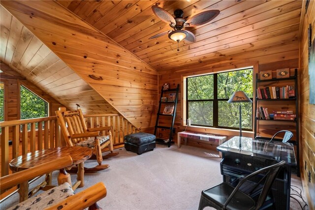 sitting room with lofted ceiling, a healthy amount of sunlight, and ceiling fan