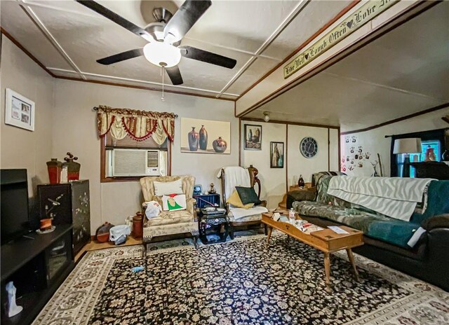 living room featuring cooling unit and ceiling fan