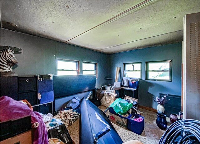 bedroom featuring multiple windows and a textured ceiling