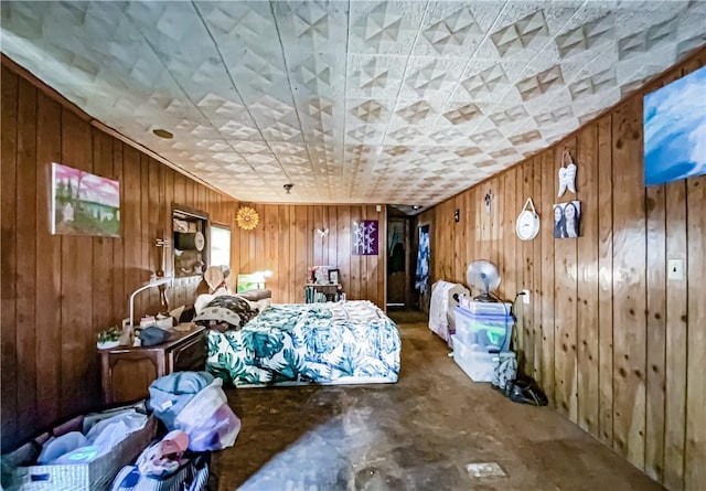 bedroom with wooden walls